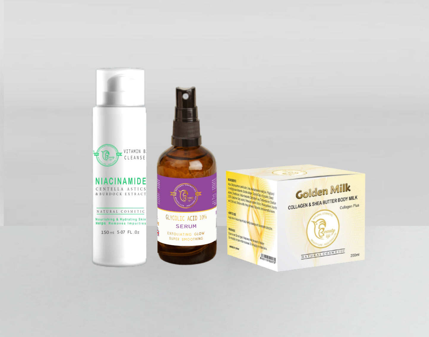 Advanced Skincare Regimen with Niacinamide Cleanser, Glycolic Acid Serum, and Marine Collagen Cream for Whitening Sensitive Areas, Knees, and Elbows